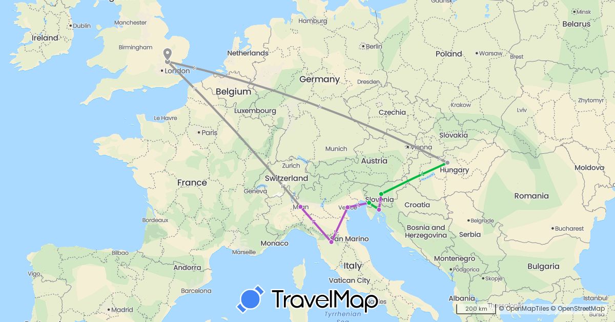 TravelMap itinerary: driving, bus, plane, train in United Kingdom, Croatia, Hungary, Italy, Slovenia (Europe)